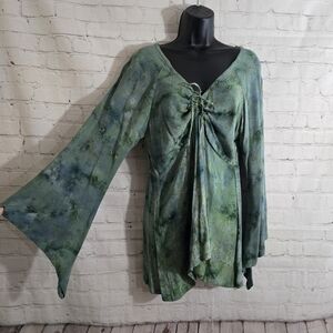 Lost River Y2k Boho Fairycore Tunic Sz S Tie Front Bell Sleeve Green Blouse